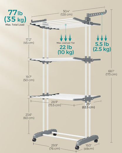 Clothes Drying Rack Stand 4-Tier, Foldable Laundry Drying Rack 68.1-Inch Tall, Steel, Rolling Clothes Horses Dryer Rack, Easy to Assemble, Indoor Outdoor Use, White ULLR701W01
