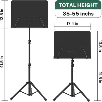 Sheet Music Stand - Full Metal with Carrying Bag, Phone Holder, Sheet Music Folder and Clip, 5 in 1 Desktop Book Stand - Black