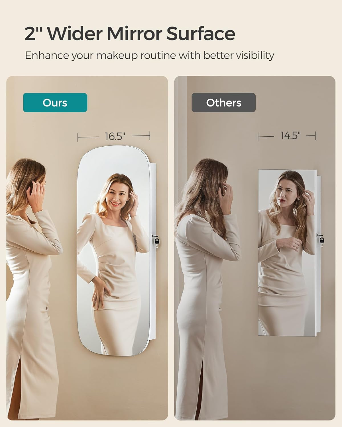 Jewelry Organizer, LED Jewelry Cabinet Wall/Door Mounted, Lockable Rounded Wide Mirror with Storage, Interior Mirror, 3.9 X 16.5 X 42.5 Inches, White Surface with Greige Lining