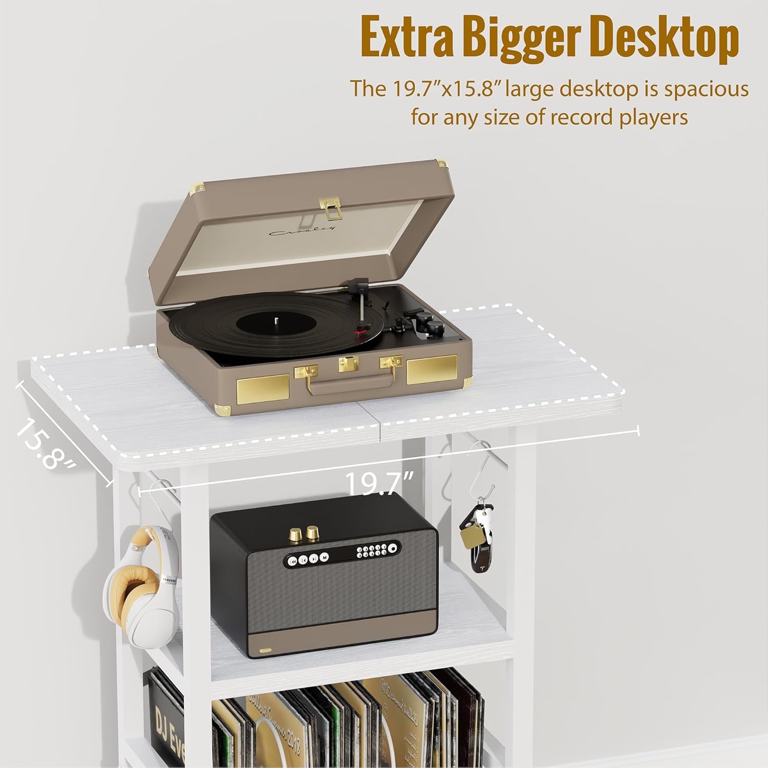 Record Player Stand with Extended Desktop,Large Record Player Table with Vinyl Storage,Turntable Stand with Record Holder Vinyls Display Shelf for Music Room Studio,White