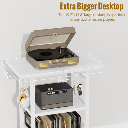 Record Player Stand with Extended Desktop,Large Record Player Table with Vinyl Storage,Turntable Stand with Record Holder Vinyls Display Shelf for Music Room Studio,White