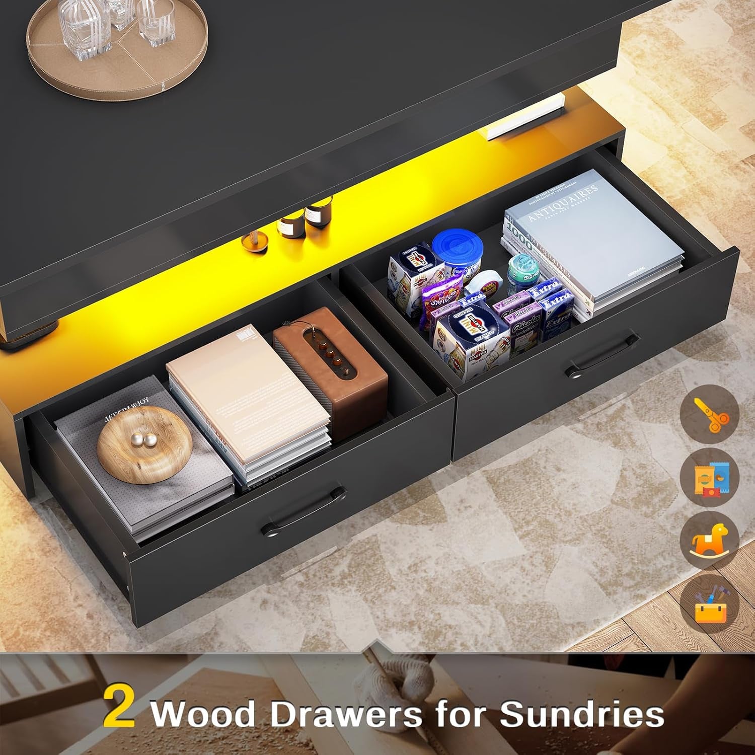 40" Lift Top Coffee Table, Coffee Tables with Storage for Living Room, Small Coffee Table with 2 Drawers & LED Light for Dining Reception Room, Black