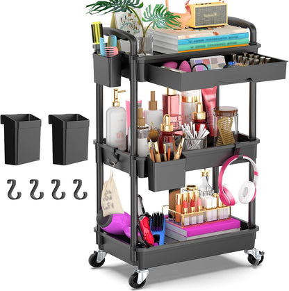 3 Tier Rolling Utility Cart Organizer with Removable Drawer, Stable and Sturdy Black Rolling Storage Carts with 2 Lockable Wheels for Bathroom, Kitchen, Snack, Craft, Makeup, Baby Essentials
