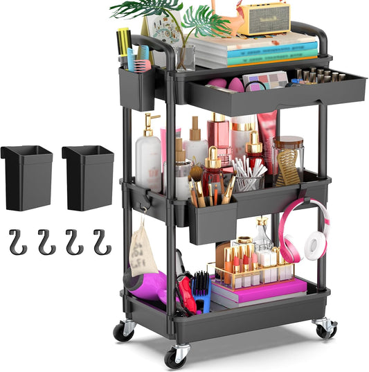 3 Tier Rolling Utility Cart Organizer with Removable Drawer, Stable and Sturdy Black Rolling Storage Carts with 2 Lockable Wheels for Bathroom, Kitchen, Snack, Craft, Makeup, Baby Essentials
