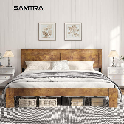 Wooden Bed Frame King Size with Headboard, Farmhouse Platform Bedframe with Wood Slat Support, Sturdy Framework Bed Frame, Easy Assembly (Rustic Brown)