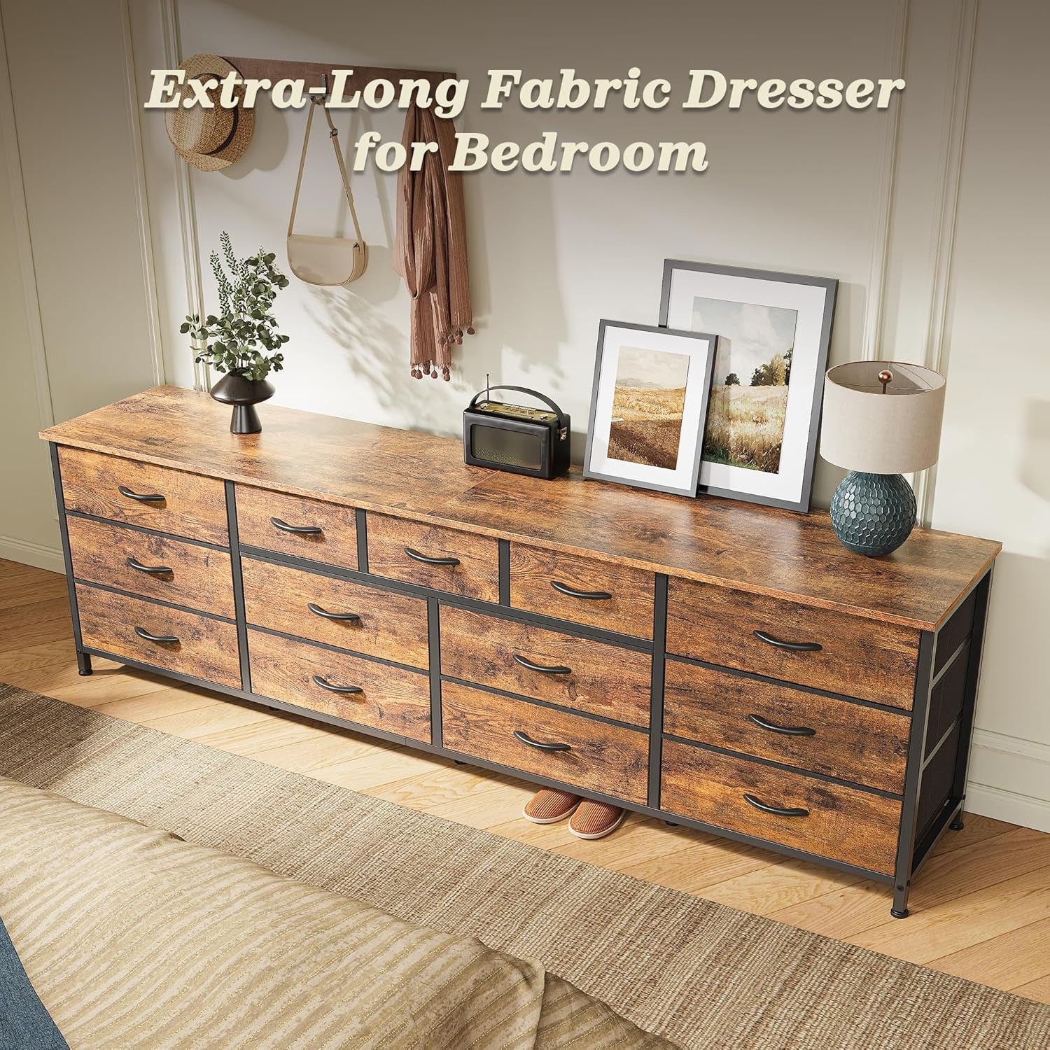 70 Inch Dresser for Bedroom, TV Stand for 65, 75, 80 Inch TV, 13 Fabric Drawer Long Dresser, Large Entertainment Center for Bedroom, Wide Chest of Drawer with Storage, Rustic Brown