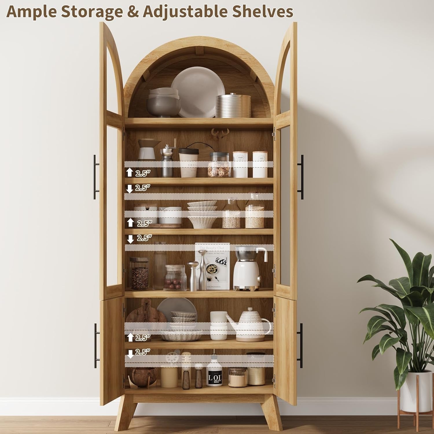 71" Modern Fluted Display Cabinet with Glass Door, Arched Curio Cabinet with Adjustable Shelf, Bookcase for Collectibles Books, Storage Cabinet for Living Room, Dining Room, Natural Oak