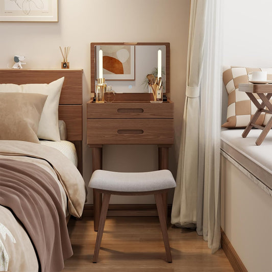 Solid Wood Small Vanity Desk with Flip Top Mirror, Brightness Adjustable Lights, Compact Vanity with Glass Top and Drawers, Slim Dressing Table for Small Space, Bedroom, Living Room, Walnut
