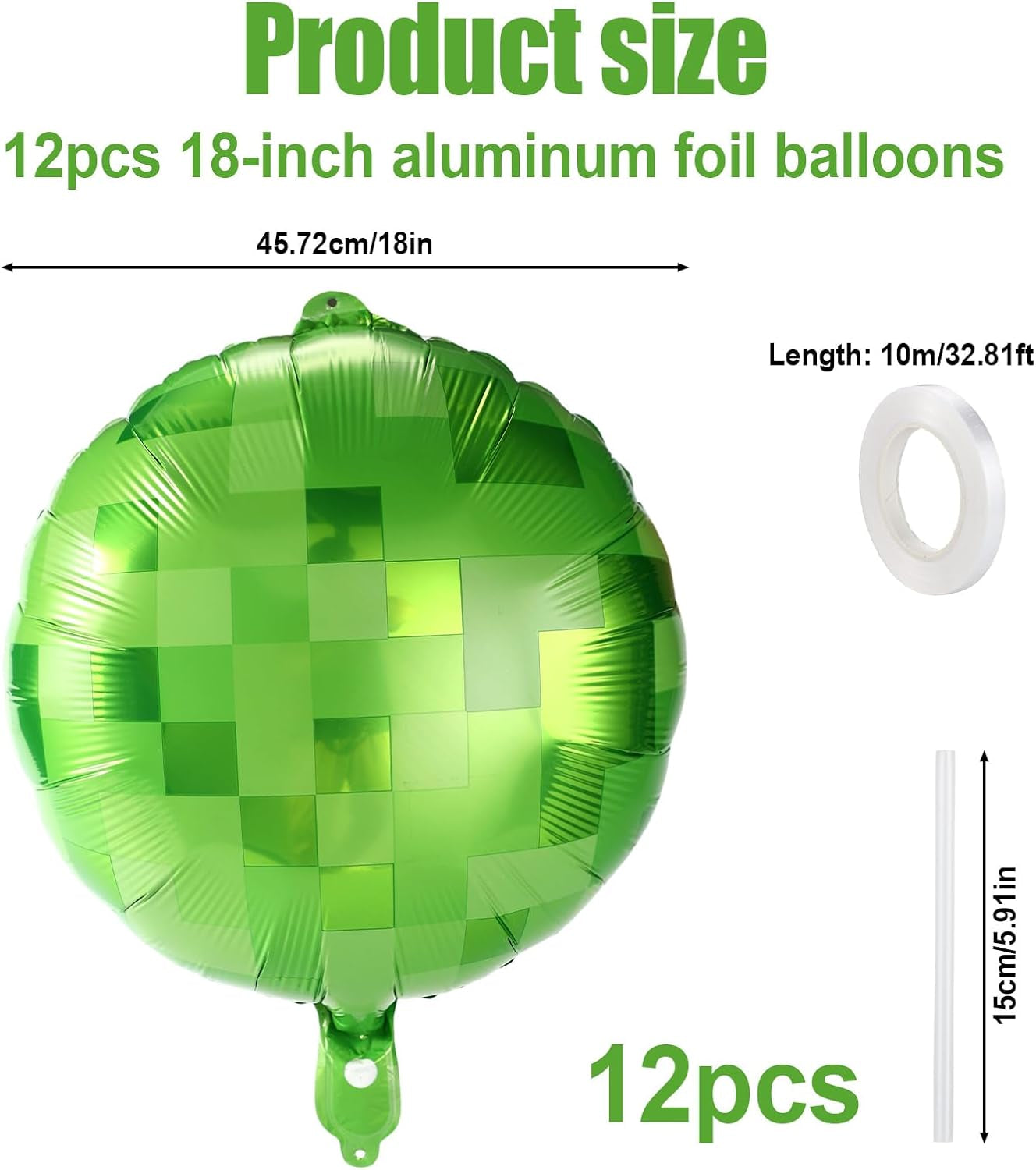 12Pcs Green Pixel Balloons, 18In Pixel Style Aluminum Film Foil Balloons with Ribbons & Straws for Theme Birthday Party Decorations