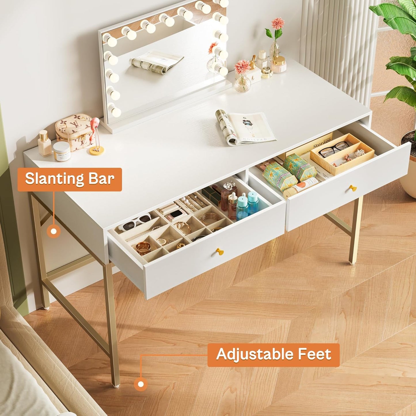 Vanity Desk with Drawers, 47 Inch Computer Desk, Modern Simple Home Office Desks, Makeup Dressing Table for Bedroom - White and Gold