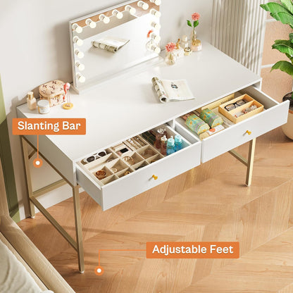 Vanity Desk with Drawers, 47 Inch Computer Desk, Modern Simple Home Office Desks, Makeup Dressing Table for Bedroom - White and Gold