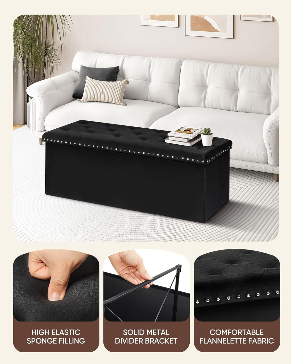 Storage Ottoman Bench, Folding Tufted Ottomans with Storage, Extra Large 140L Footrest Bench for Bedroom, Luxury Velvet Fabric 43 Inches Black