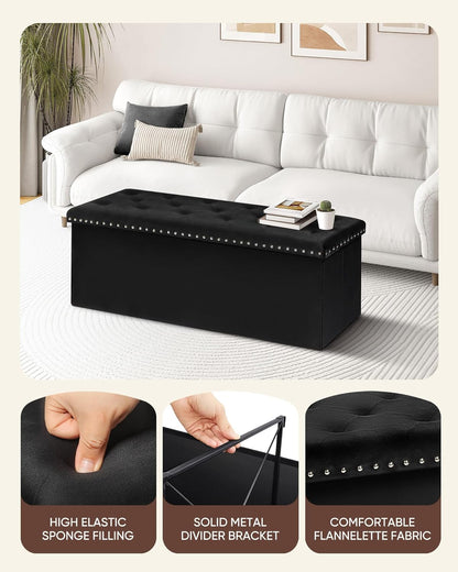Storage Ottoman Bench, Folding Tufted Ottomans with Storage, Extra Large 140L Footrest Bench for Bedroom, Luxury Velvet Fabric 43 Inches Black