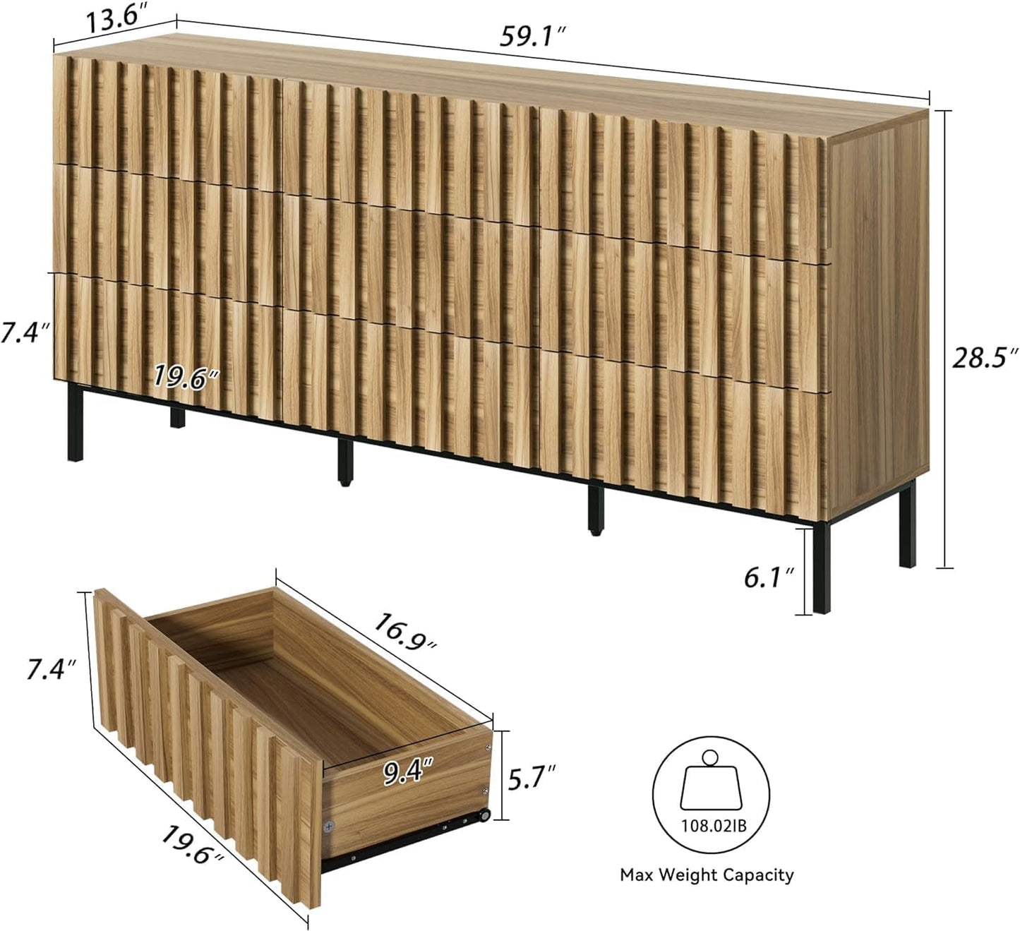 3PCS Dresser and Nightstand Sets for Bedroom, 59" Wide 9 Drawer Dresser & Nightstand Set of 2, Modern Fluted Solid Wood Closet Dressers, Bedroom Furniture Set (Natural Wood)