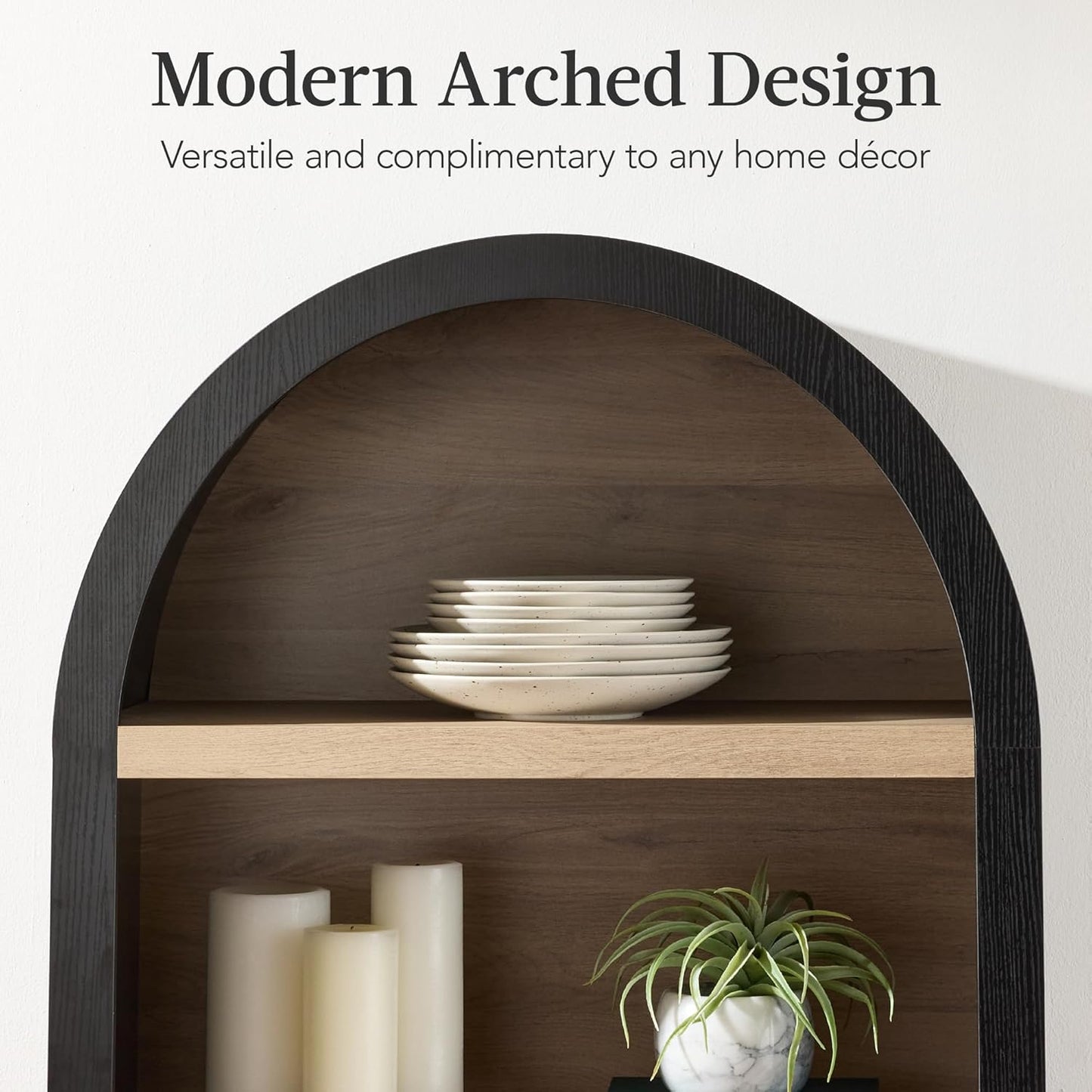 72" Tall Arched Pantry Cabinet W/Reeded Doors, 5-Tier Bookshelf, Armoire, Hutch, Bookcase, Storage Cabinet W/Adjustable Shelves, for Dining Room and Livingroom - Black Oak