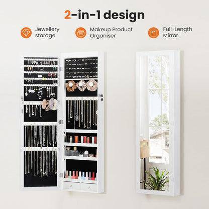 6 Leds Jewelry Cabinet Organizer, 47.2-Inch Jewelry Armoire with Full-Length Mirror, Wall or Door Mounted Jewelry Storage, Lockable Large Capacity Storage, White