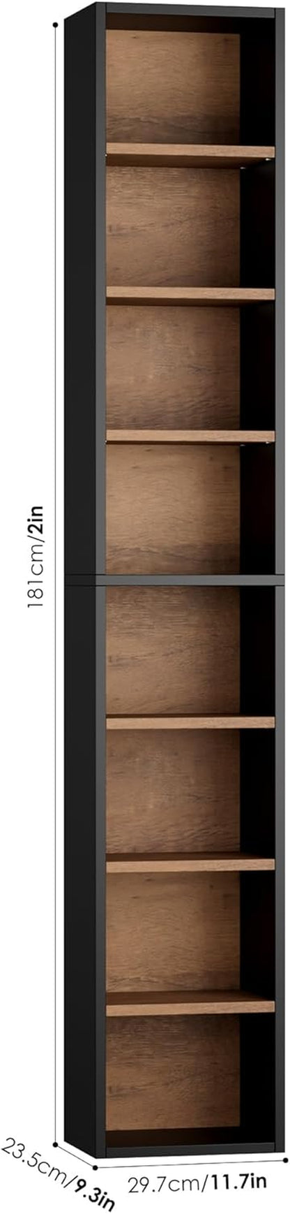 2 Pcs 71'' Tall Narrow Bookshelf, 8-Tier Media Tower Rack Set of 2, CD DVD Storage Cabinet with Adjustable Shelves, Tall Narrow Bookcase Skinny Display Bookshelf Slim Shelf, Black/Brown