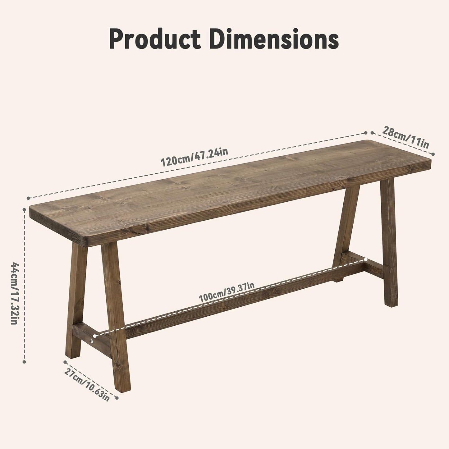 Solid Wood Bench, 47.2” Rustic Farmhouse Entryway Bench for Living Room Dining Room Hallway Closet Room, Indoors & Outdoors Bench