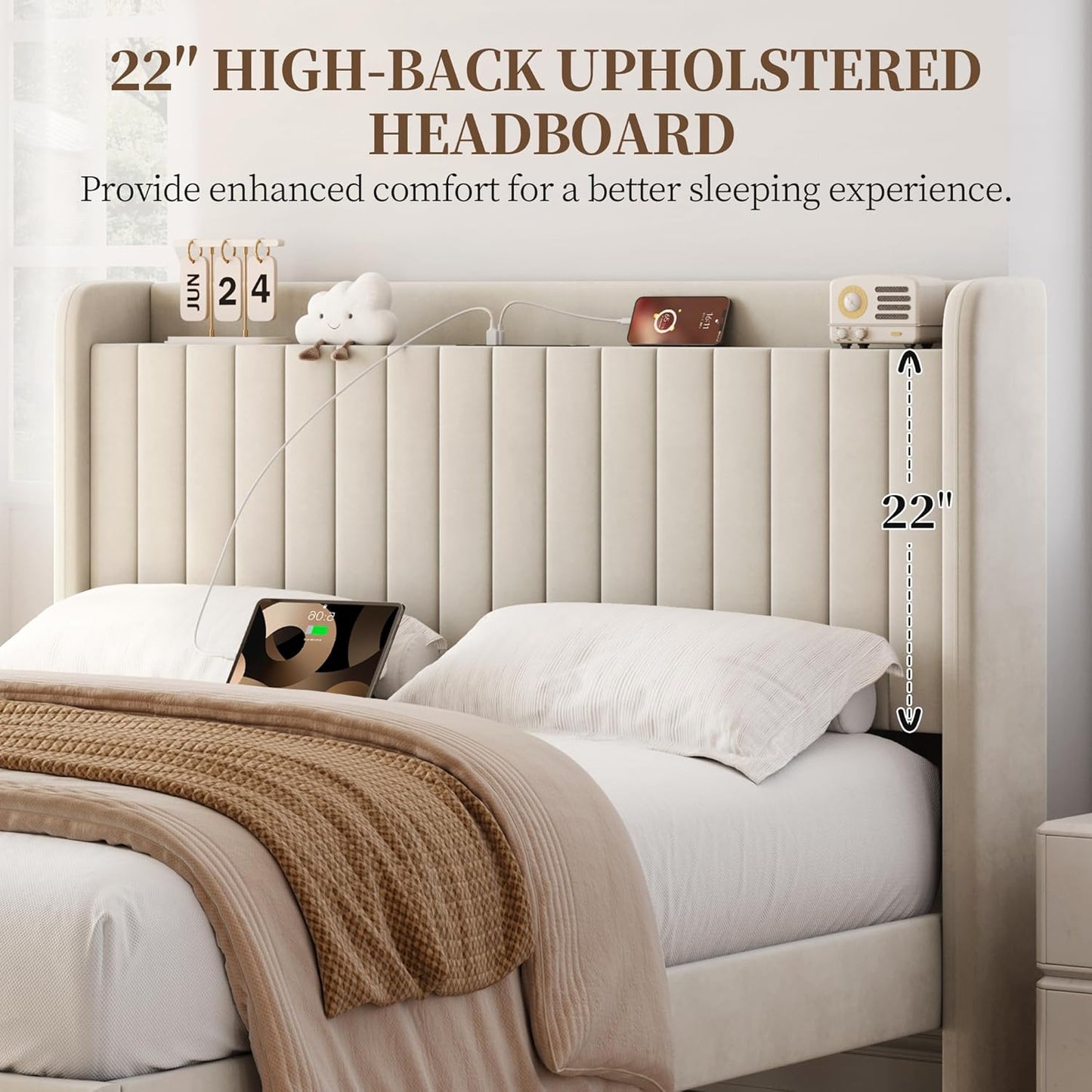 Queen Bed Frame with USB Charging Station and Storage Shelf/Upholstered Headboard Platform Bed with Wing Side/Wooden Slats Support/Noise Free/No Box Spring Needed/Easy Assembly, Ivory