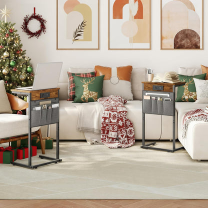 C Shaped End Table with Charging Station, 28" H Couch Side Table Slide Under, Sofa Arm Tray Table with Storage Bag for Living Room, Recliner, Rustic Brown BF70USF01