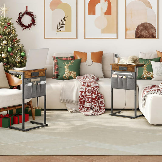 C Shaped End Table with Charging Station, 28" H Couch Side Table Slide Under, Sofa Arm Tray Table with Storage Bag for Living Room, Recliner, Rustic Brown BF70USF01