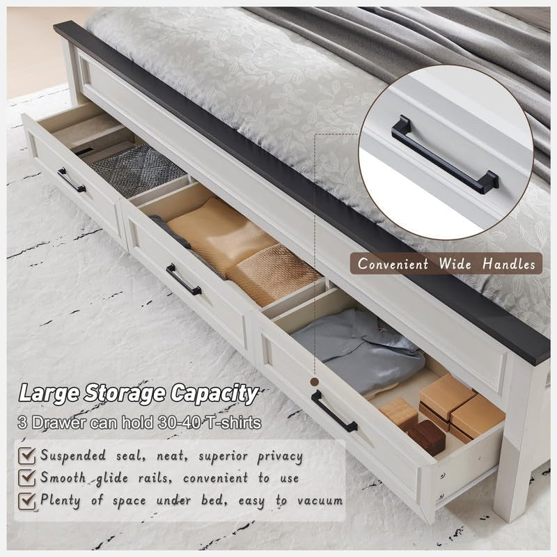 Farmhouse King Size Bed Frame with 52" Tall Headboard, Wood Platform Bedframe with Footboard and Storage Drawers, No Squeak, No Box Spring Needed, Antique White