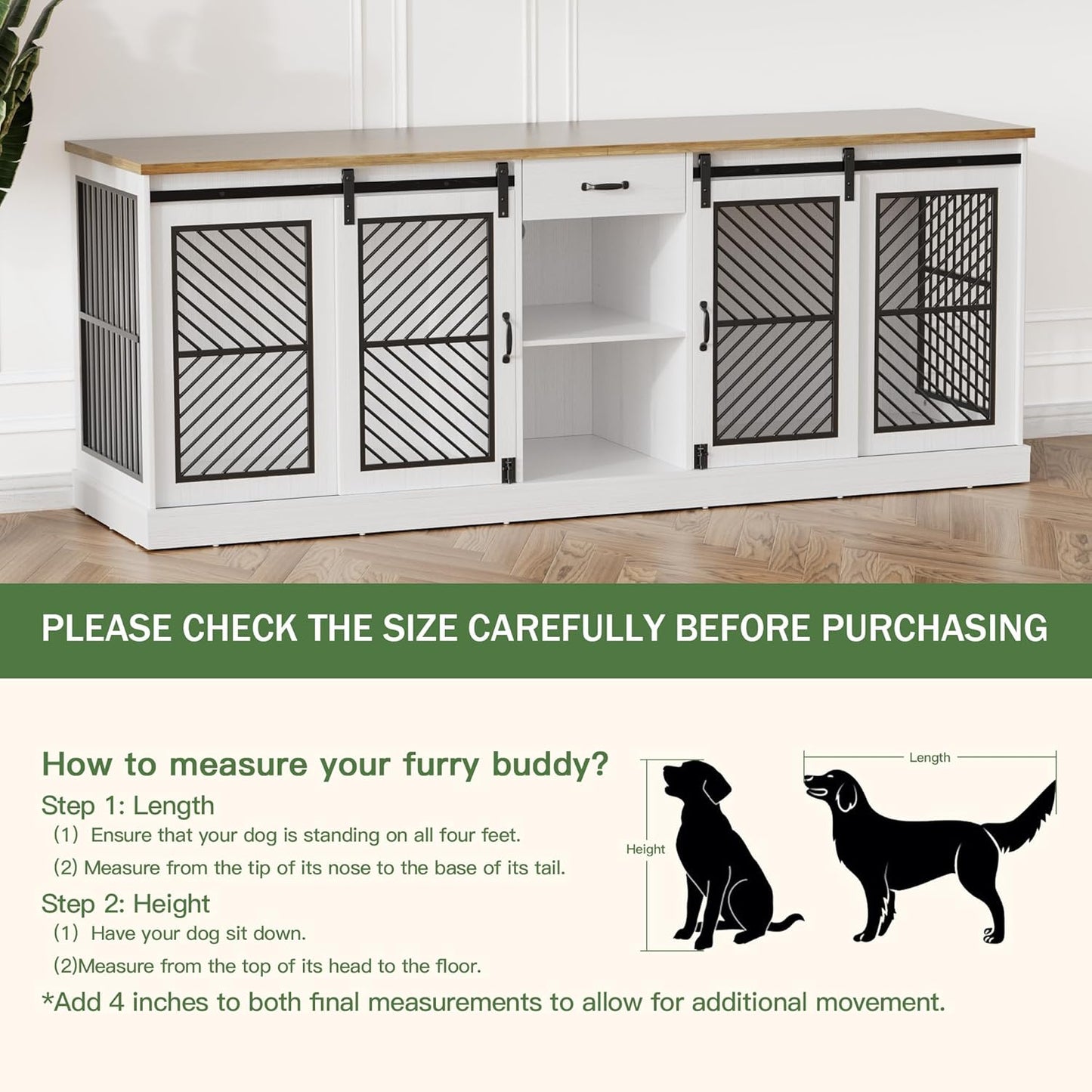 87" Dog Crate Furniture for 2 Dogs,Wooden Dog Kennel Indoor with Double Doors,Escape-Proof and Chew-Proof Heavy Duty Dog House TV Stand,White