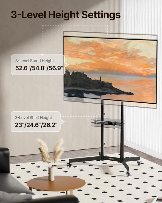 Heavy-Duty Rolling TV Stand for 32–85" Screens — Supports 187 Lbs (154 Lbs TV + 33 Lbs Shelf), Stable Mobile TV Cart with Shelf & Locking Wheels, Floor TV Stand, Max VESA 600X400, Black