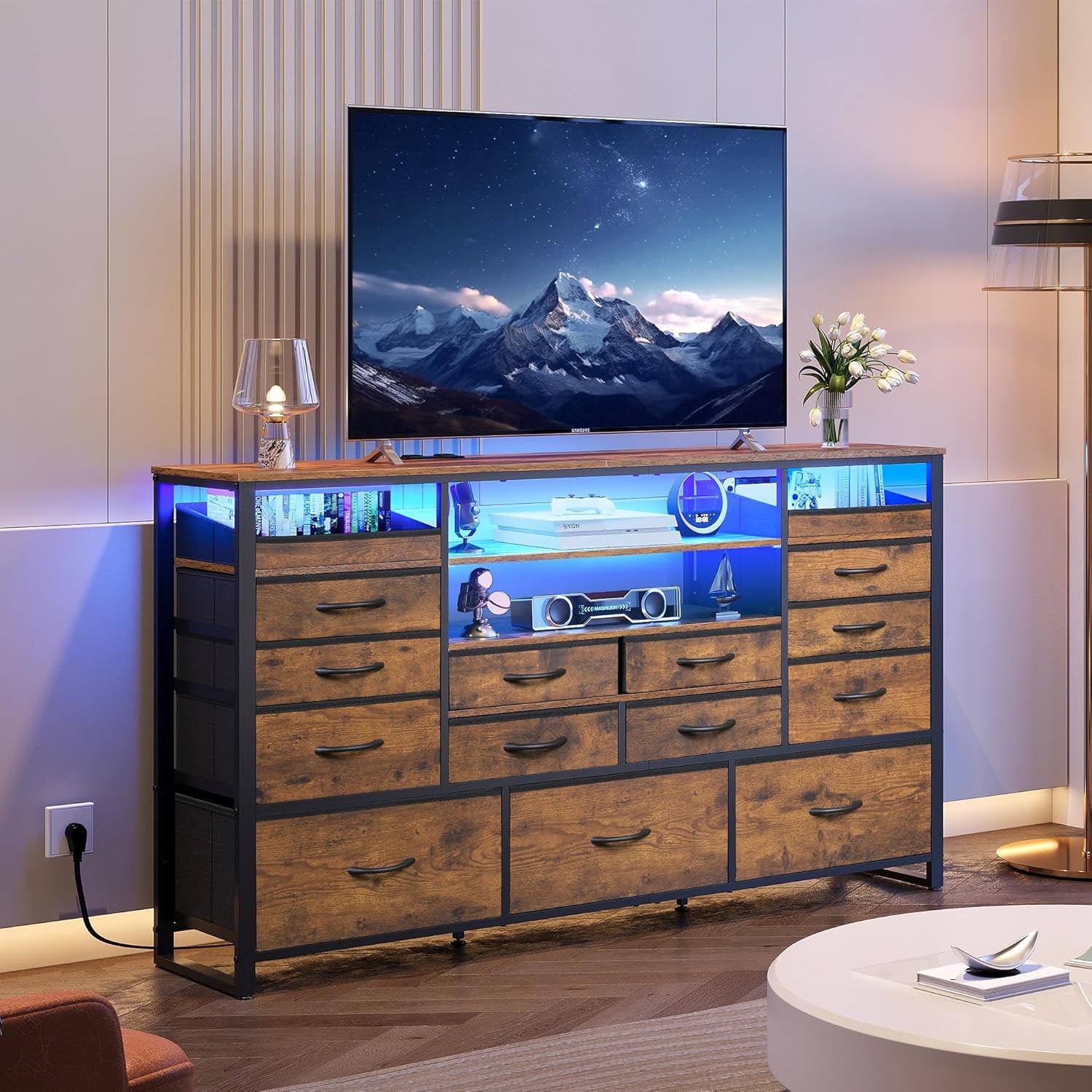 TV Stand for 55, 60, 65 Inch TV, Entertainment Center with LED Lights & Charging Station, TV Media Console Table with 15 Fabric Drawers and Open Shelves for Living Room, Hallway, Rustic Brown