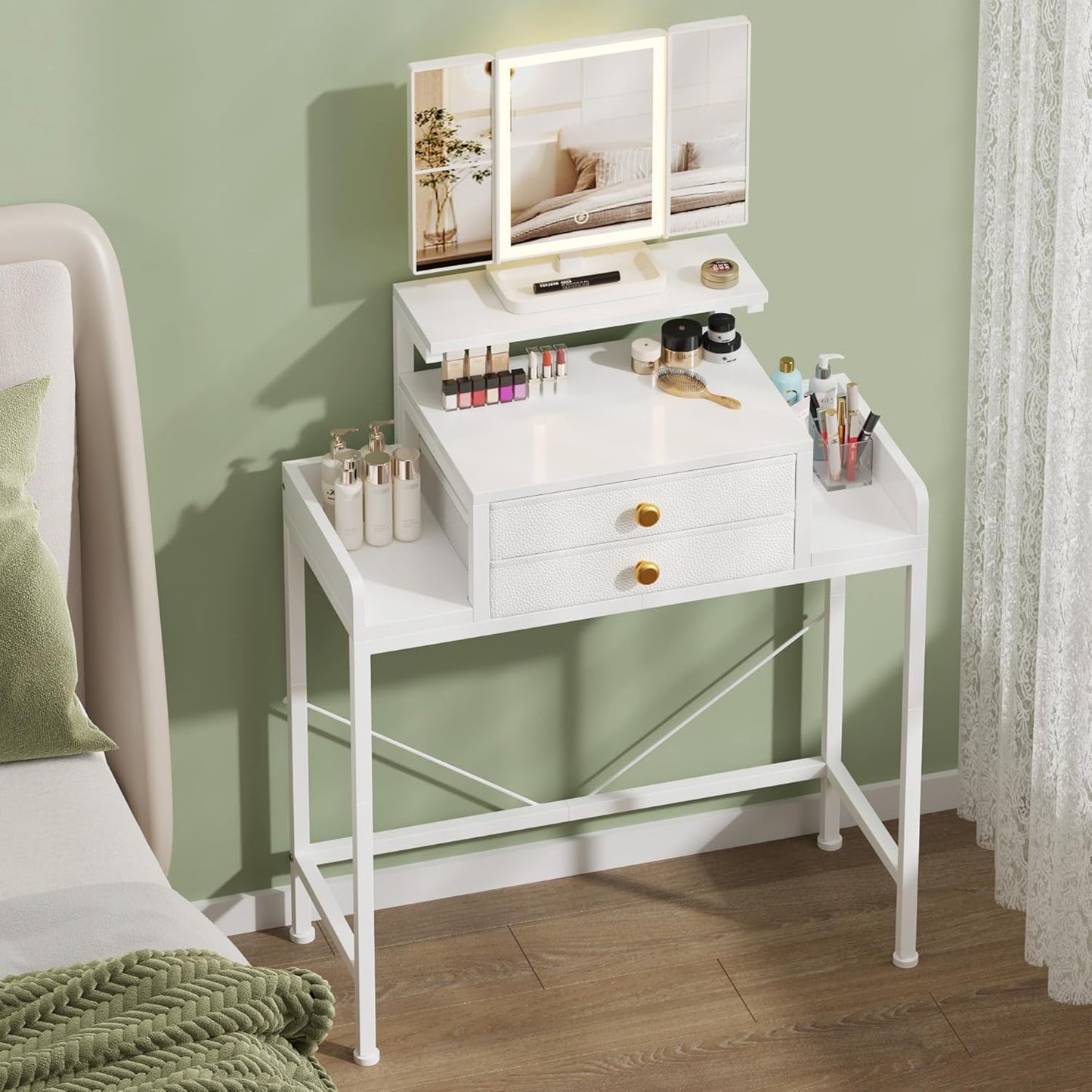 Vanity Desk with Mirror and Lights, 28.4''W Small Makeup Vanity Table with Height-Adjustable Stand, 2 Fabric Drawers Compact Makeup Desk, Gift for Girls, Bedroom Small Space, White