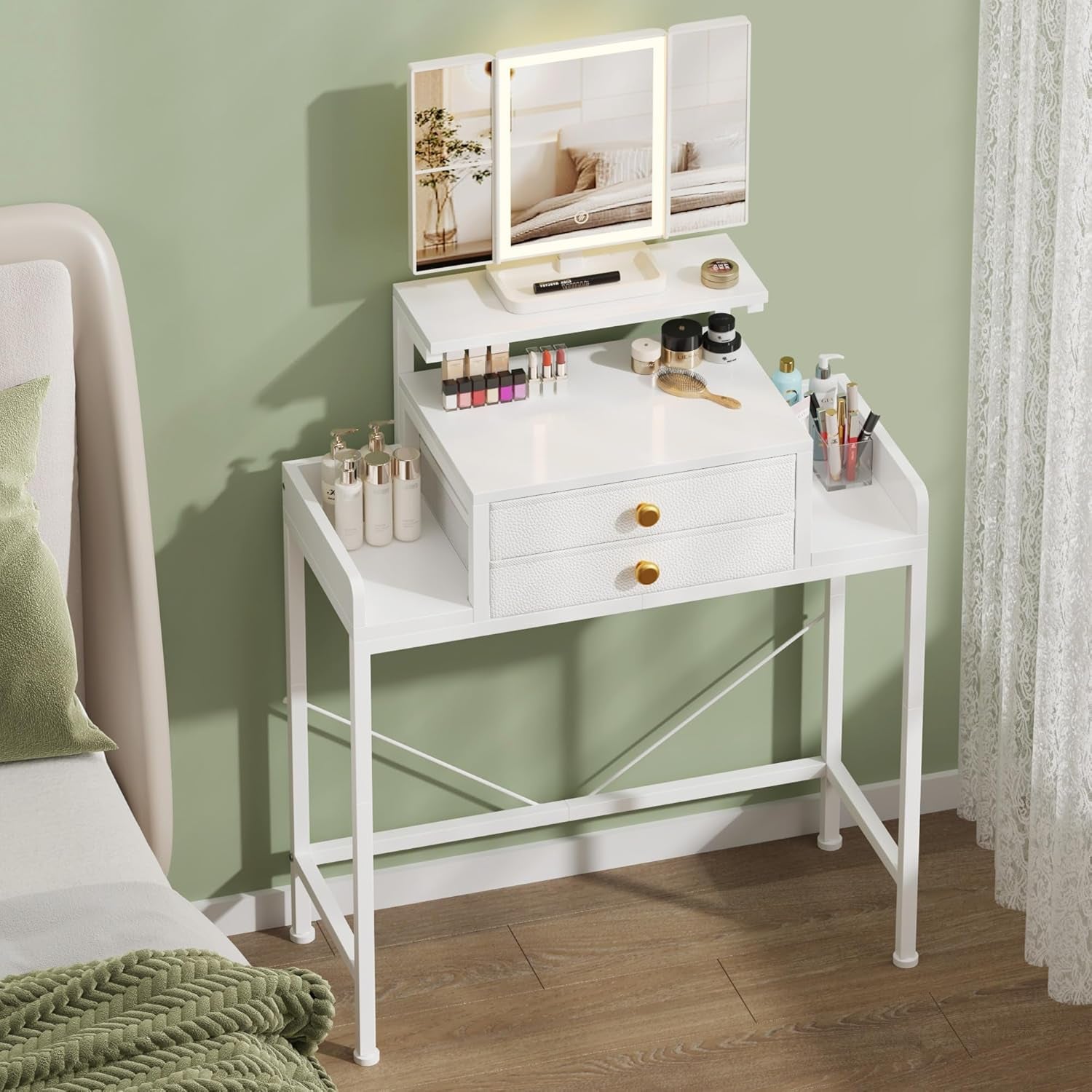 Vanity Desk with Mirror and Lights, 28.4''W Small Makeup Vanity Table with Height-Adjustable Stand, 2 Fabric Drawers Compact Makeup Desk, Gift for Girls, Bedroom Small Space, White
