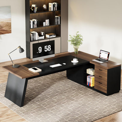 78" L-Shaped Executive Desk, Large Modern Office Desk with Drawers and File Cabinet, Business Furniture with Storage Shelves, Big Computer Desk for Home Office (Light Walnut + Black)
