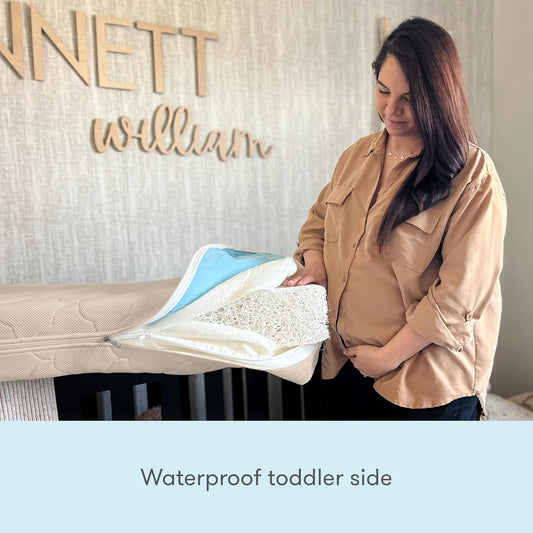 Waterproof Crib Mattress and Toddler Bed - Ultra-Breathable Proven to Reduce Suffocation Risk, Washable Core & Cover, All-Stages, Infant to Toddler, Deluxe 5.5" Thick - Sandstone