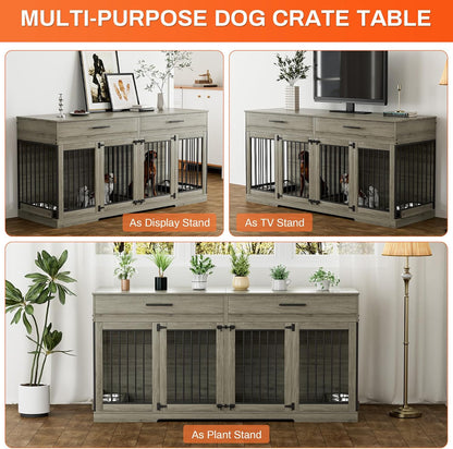 72" Dog Crate Furniture for 2 Dogs, Large Double Dog Kennel Indoor Furniture with 2 Storage Drawers and Removable Divider, Wooden Dog Cage with 4 Bowls, Dog House TV Stand for Medium Dog, Grey