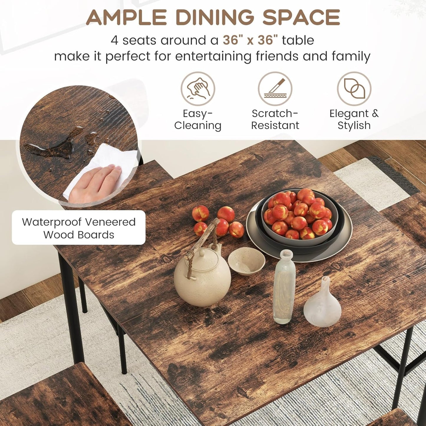 5-Piece Dining Table Set W/Counter Height Table & 4 Bar Stools, Industrial Kitchen Dining Set W/Footrest & Backrest, Space-Saving Dinette Set for Pub, Dining Room, Restaurant (Mix Brown)