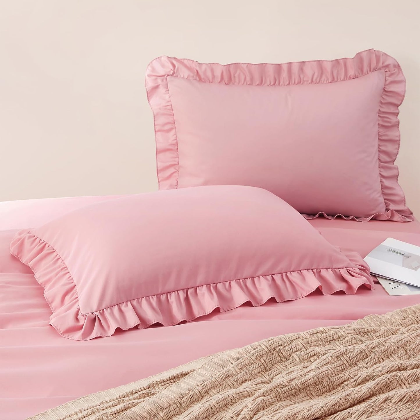 2 Pack Pink Ruffle Pillowcases King Size, 20" X 36" Ruffle Pillow Covers Ultra Soft Microfiber Ruffled Fringe Pillow Shams, Shabby Chic Pillow Cases
