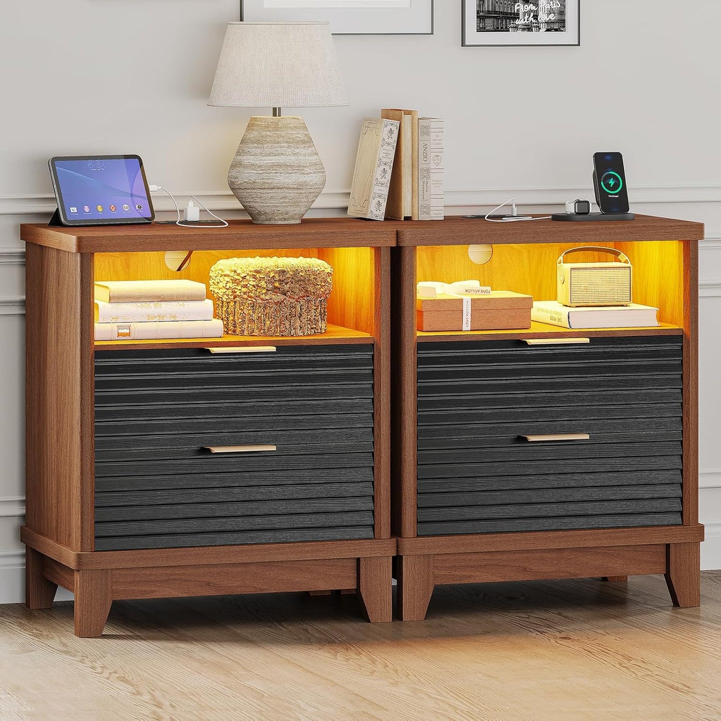 Fluted Night Stand Set of 2 with Charging Station and 2 Drawers, Black Nightstands Set of 2, beside Table with Open Storage and Led Lights, Retro End Side Table for Bedroom, Black