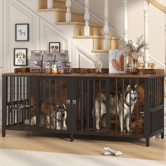 78 Inch Dog Crate, Large Dog Crate for 2 Dogs, Dog Kennel Indoor for Large/Medium Dogs with Top Access Door, XL Wooden Dog Cage with 360 Degree Rotatable Stainless Bowls, Heavy Duty Steel Frame