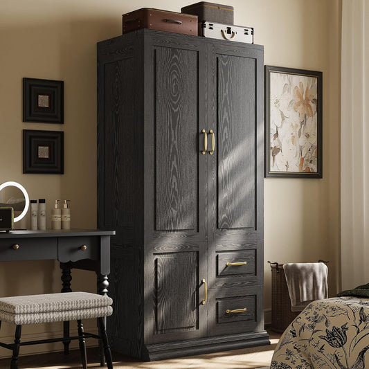 Wardrobe with Drawers, 71.1" H Wooden Closet with 2 Doors and Hanging Rod for Hanging Clothes, Tall Bedroom Freestanding Armoire Storage Cabinet, Stand Alone Clothing Organizer Closet, Black