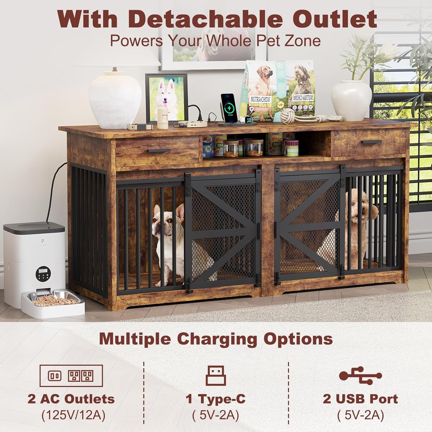 63In Double Dog Crate Furniture with Sliding Door and Detachable Outlet That Powers Pet Zone Sturdy Dog Kennel Furniture with Drawers Organized Storage for Small and Medium Dogs