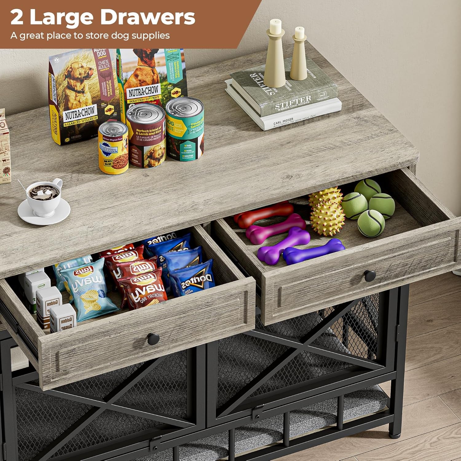 44 Inch Large Dog Crate Furniture, Wooden Dog Kennel with Storage Drawers for Medium/Large Dogs, Decorative Dogs Kennel Indoor, White and Walnut