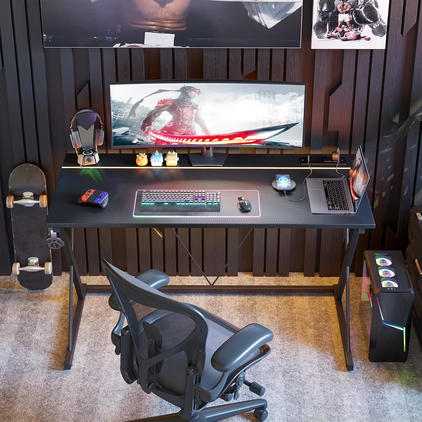 Gaming Desk with Power Outlets & LED 40 Inch Ergonomic Computer Carbon Fiber Surface Gamer Desk, PC Workstation with Headphone Hook for Bedroom, Kids Desk Gift for Boys, Black