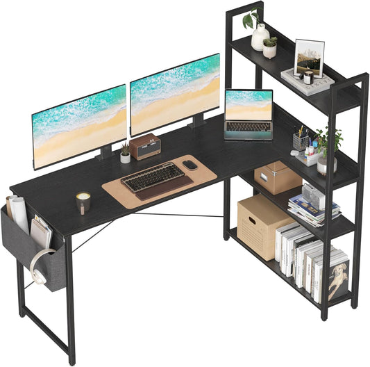 55 Inch Small L Shaped Desk, Corner Desk with Bookshelf, Home Office Desk, Writing Study Desk for Bedroom, Black