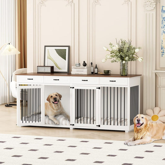 Large Dog Crate Furniture, 86.6 Inch Wooden Dog Kennel with Drawers & Divider, Heavy Duty Indoor Furniture Style Dog House with Double Rooms for Large Medium Small Dogs, White