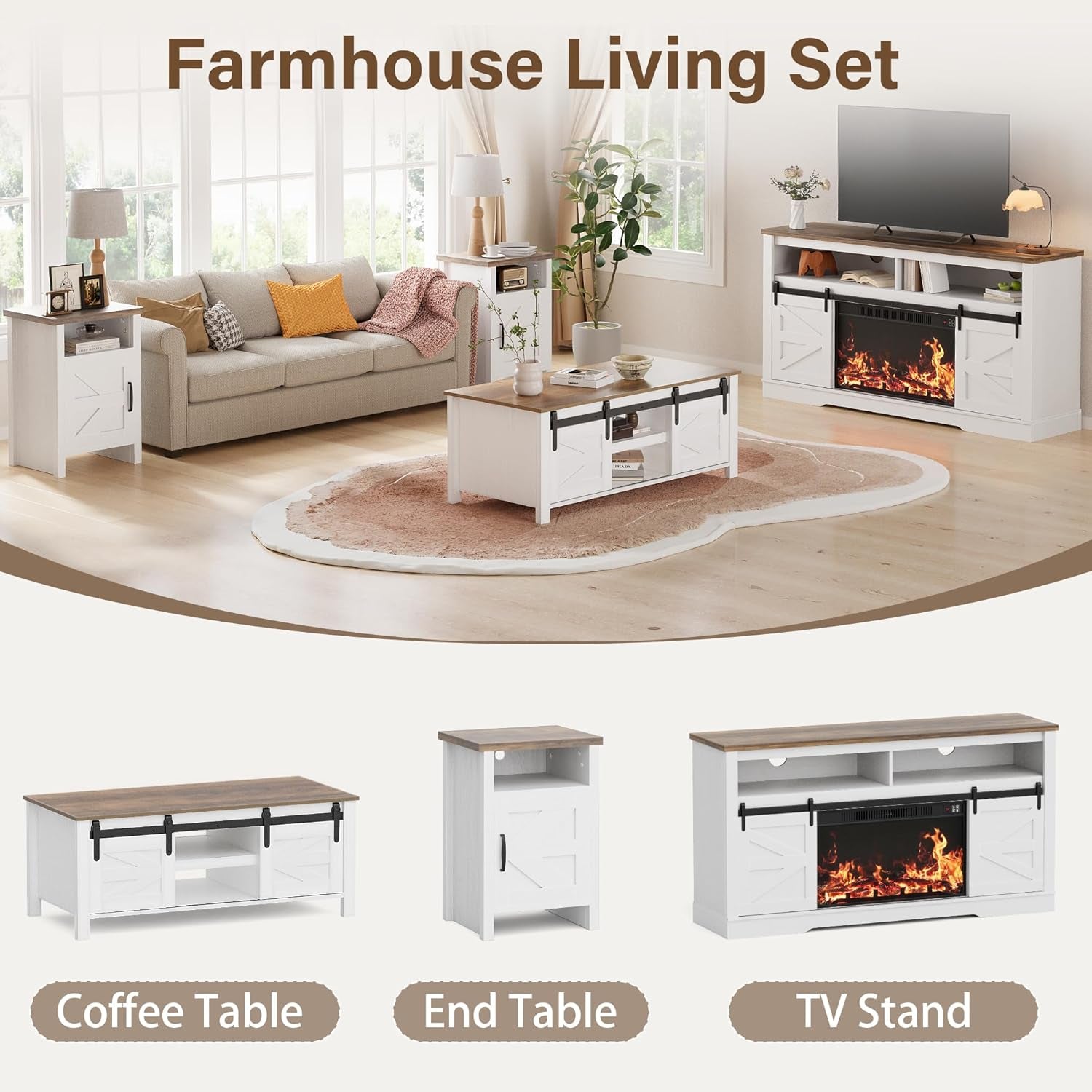 Farmhouse Nightstand, Modern Bedside Table with Barn Door and Shelf, Rustic End Table Side Table for Bedroom, Living Room (2, White)