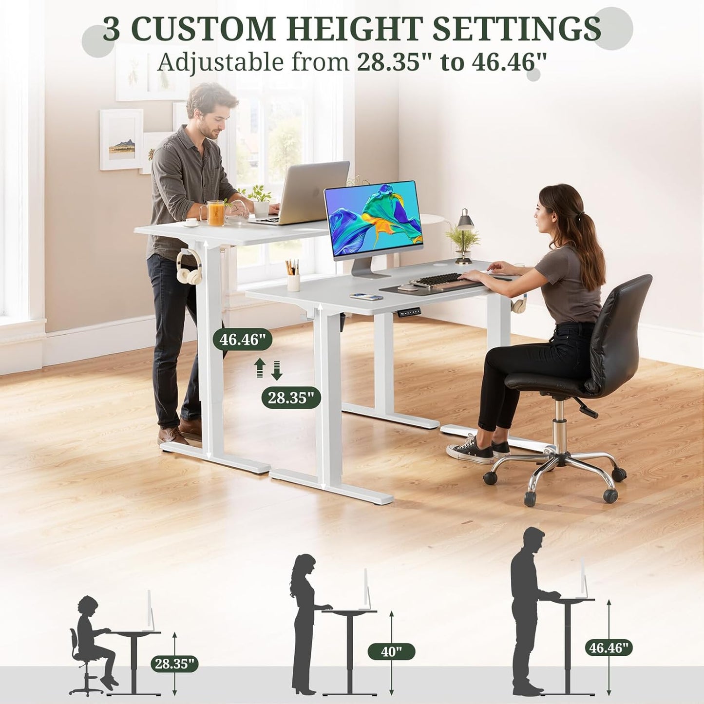 40 X 24 in Electric Standing Desk - Memory Height Adjustable Ergonomic Sit-To-Stand Rising Computer Table Gaming Workstations with 2 Hooks and Wire Hole for Home Office, White