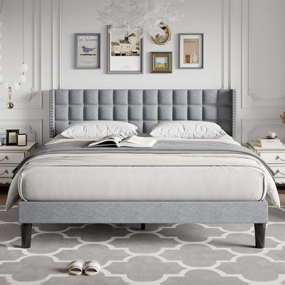 Headboard King Size, Linen Upholstered Headboards Only with Nailhead Trim Wingback, Square Stitched Design, Adjustable Height from 40" to 49.8", Light Grey