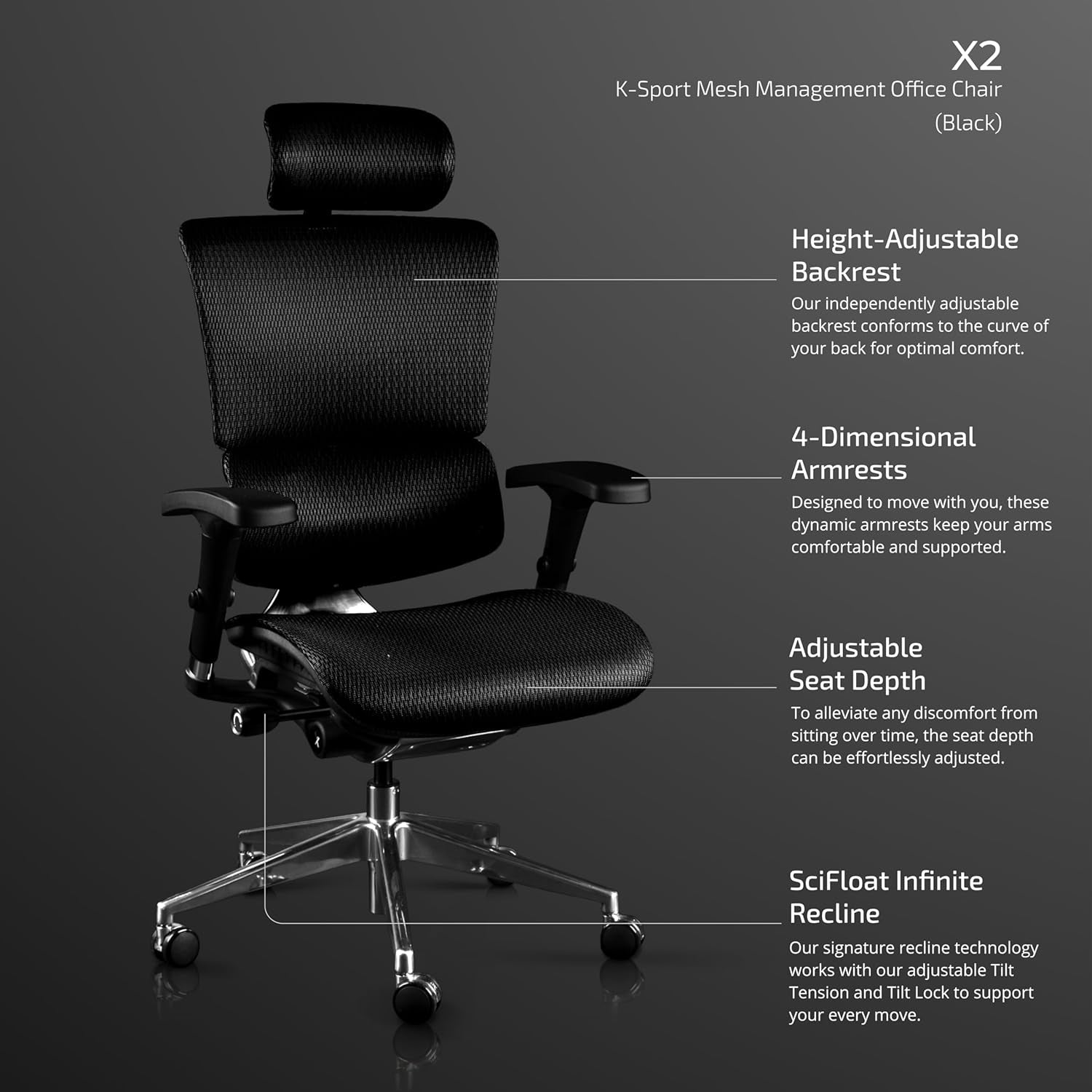 X2 Management Chair, Black K-Sport Mesh with Wide Seat - Ergonomic Office Seat/Dynamic Variable Lumbar Support/Floating Recline/Highly Adjustable/Perfect for Long Work Days