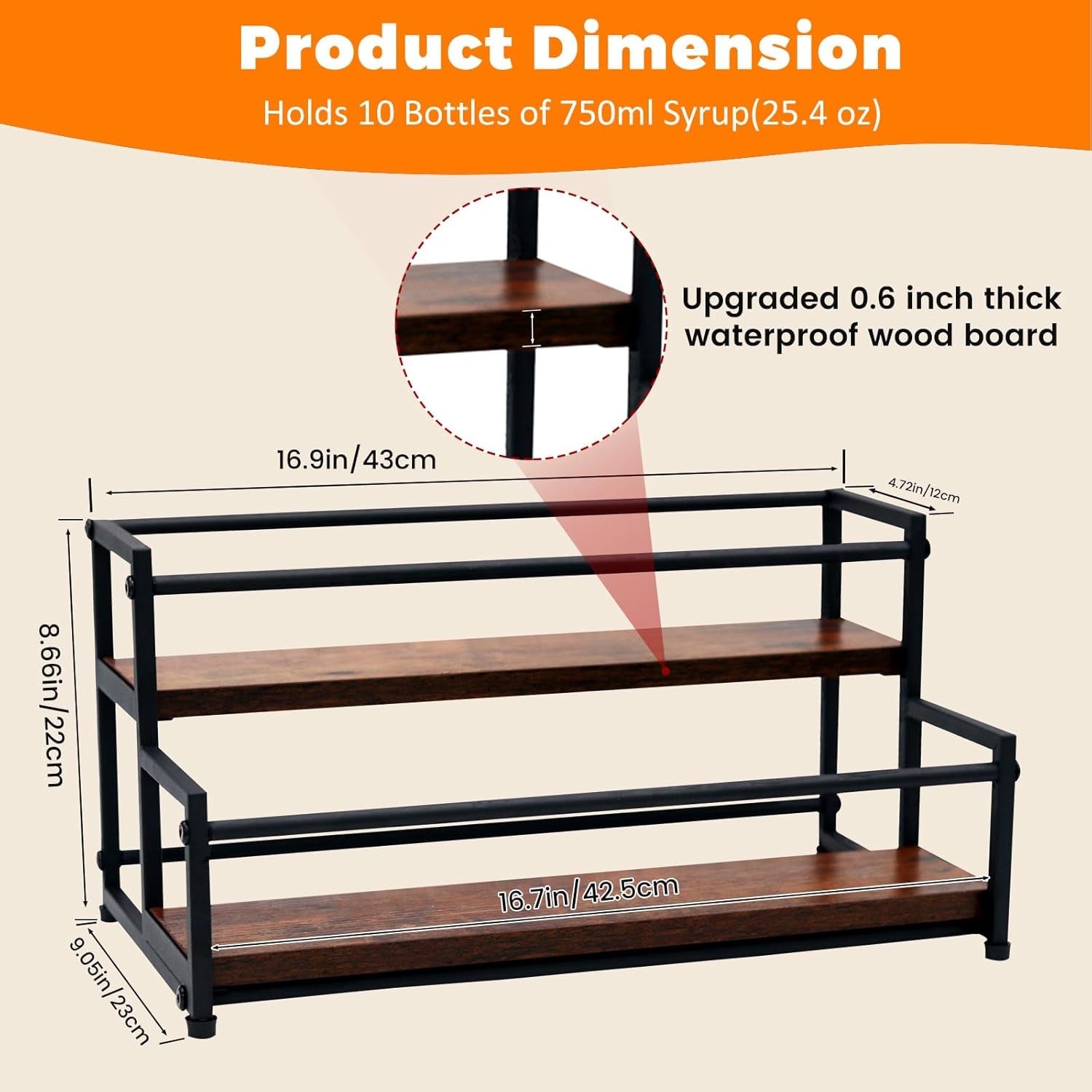 Coffee Syrup Rack Organizer - 2-Tier 10 Syrup Bottles Holder for Coffee Bar, Liquor Bottle Display Shelf - Rustic Kitchen Cabinet for Spices, Jars - Stepped Pantry Shelf for Syrup, Wine, Tea & Coffee