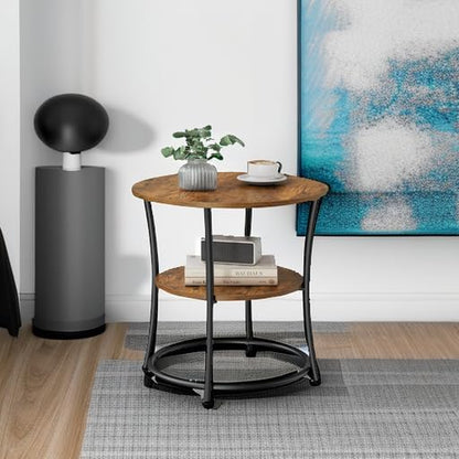 Side Table, 2-Tier round End Table, Nightstand with Steel Frame for Small Spaces, Living Room, Bedroom, Rustic Brown and Ink Black